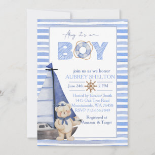 Invitation Baby shower de voilier de l'ours nautique bleu aqu