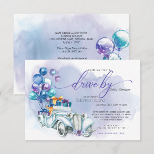 Invitation Baby shower de voiture Blue Lilac Vintage