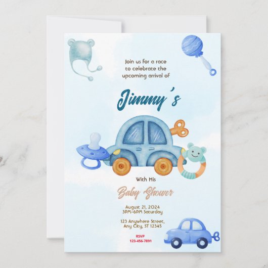 Invitation Baby shower de voiture Blue Toy (Devant)