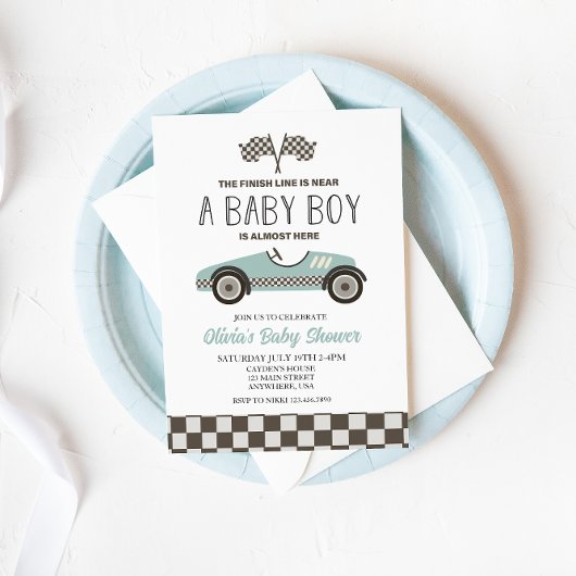 Invitation baby shower de voiture de course bleu