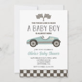 Invitation baby shower de voiture de course bleu (Devant)