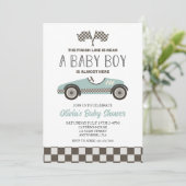 Invitation baby shower de voiture de course bleu (Debout devant)