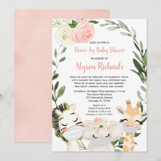 Invitation Baby shower de voiture safari animaux rose verdure (Devant / Derrière)