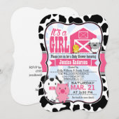 Invitation Baby shower d'écolière d'animaux de ferme roses et (Devant / Derrière)
