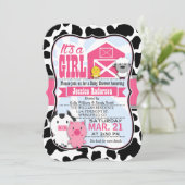 Invitation Baby shower d'écolière d'animaux de ferme roses et (Debout devant)