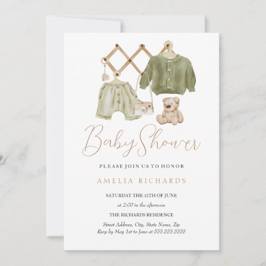 Invitation Baby shower Décor Boho vert (Devant)