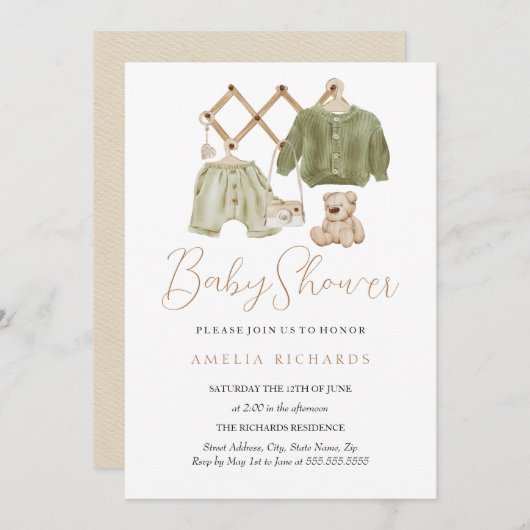 Invitation Baby shower Décor Boho vert (Devant / Derrière)