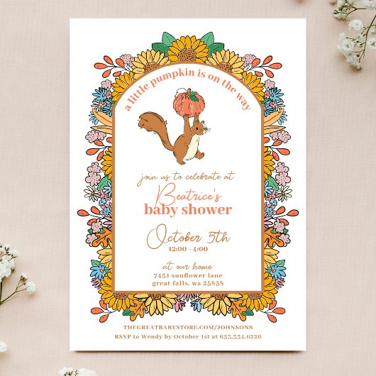 Invitation Baby shower d'écureuil de tournesol petit Citrouil
