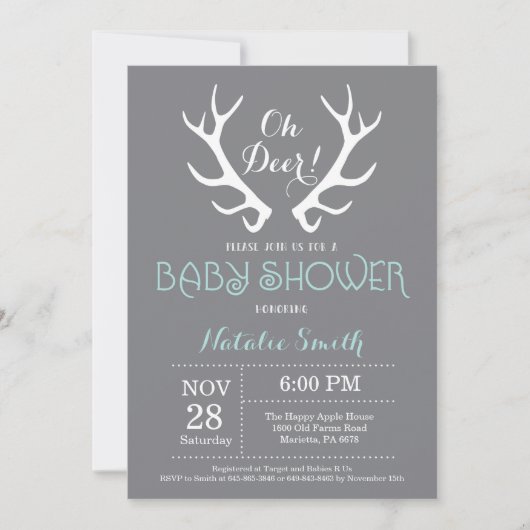 Invitation Baby shower Deer Antler Grey et Aqua (Devant)