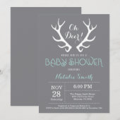 Invitation Baby shower Deer Antler Grey et Aqua (Devant / Derrière)