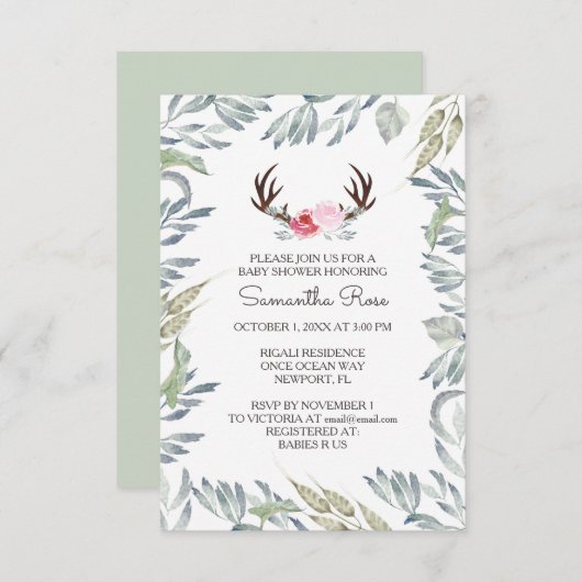 Invitation BABY SHOWER DEER ANTLER Invitation, Fille (Devant / Derrière)
