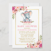 Invitation Baby shower d'éléphant à cadre d'or rose (Devant)