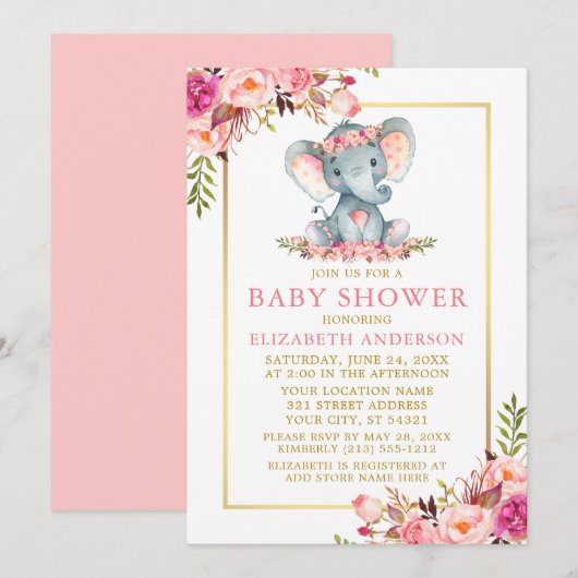 Invitation Baby shower d'éléphant à cadre d'or rose (Devant / Derrière)