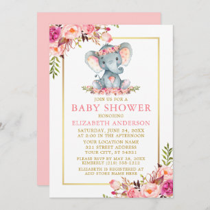 Invitation Baby shower d'éléphant à cadre d'or rose