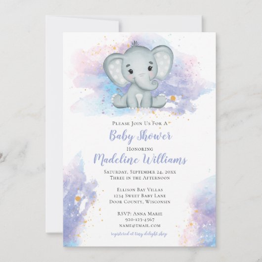Invitation Baby shower d'éléphant aquarelle (Devant)