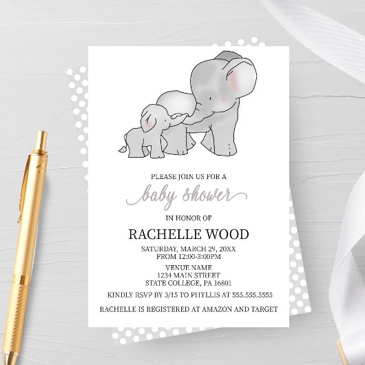 Invitation Baby shower d'éléphant aquarelle
