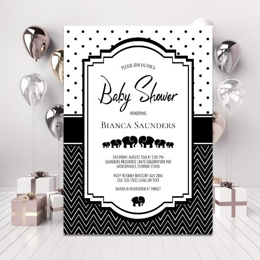 Invitation Baby shower d'éléphant blanc noir