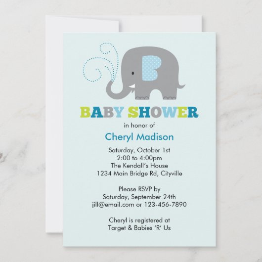 Invitation Baby shower d'éléphant - bleu (Devant)