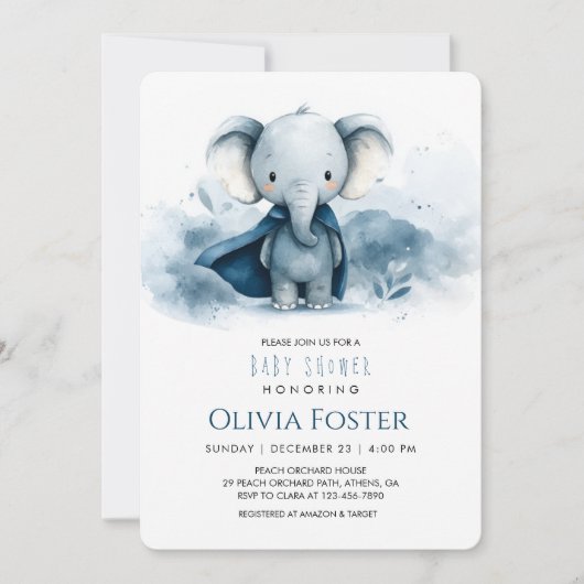 Invitation Baby shower d'éléphant bleu Aquarelle (Devant)