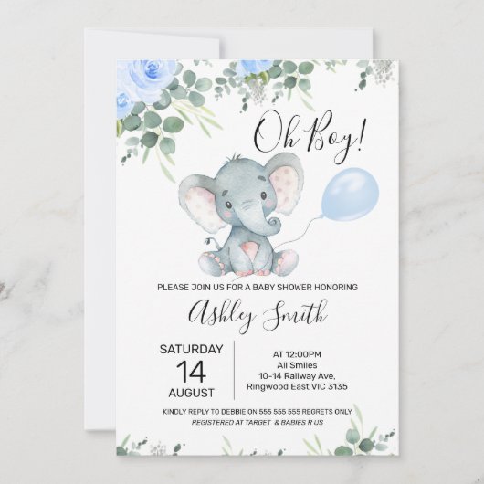 Invitation Baby shower d'éléphant bleu floral Eucalyptus (Devant)