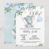 Invitation Baby shower d'éléphant bleu floral Eucalyptus (Devant / Derrière)
