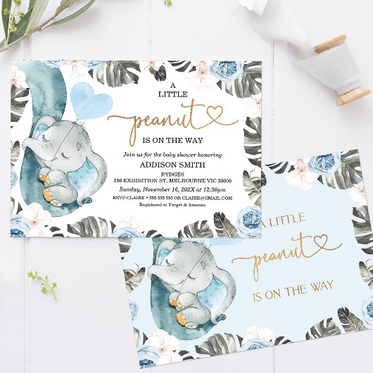 Invitation Baby shower d'éléphant bleu Floral Petit Arachide