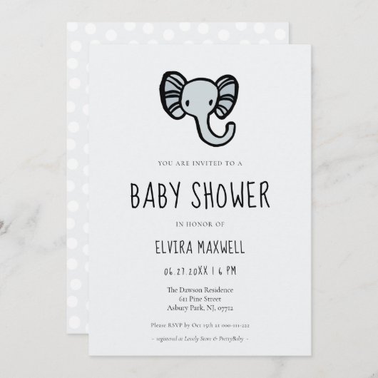 Invitation Baby shower d'éléphant bleu mignon (Devant / Derrière)