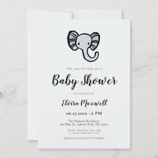 Invitation Baby shower d'éléphant bleu mignon (Devant)