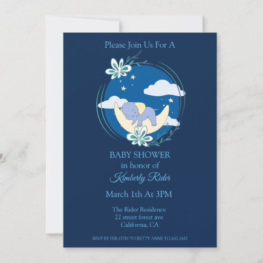 Invitation Baby shower d'éléphant couché (Devant)