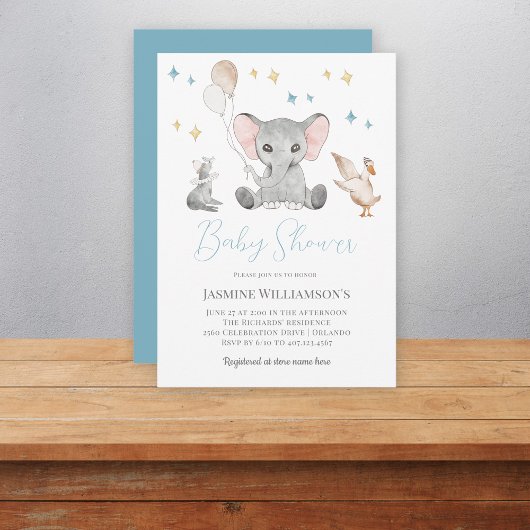 Invitation Baby shower d'éléphant d'aquarelle mignonne