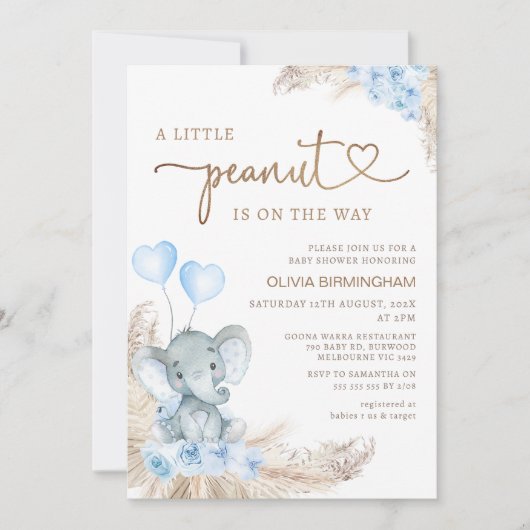 Invitation Baby shower d'éléphant d'arachide florale Boho ble (Devant)
