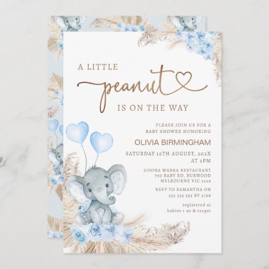 Invitation Baby shower d'éléphant d'arachide florale Boho ble (Devant / Derrière)