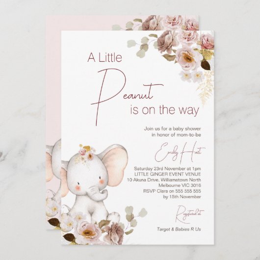 Invitation Baby shower d'éléphant d'arachide flou Boho (Devant / Derrière)