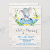 Invitation Baby shower d'éléphant de garçon rustique Invitati (Devant / Derrière)