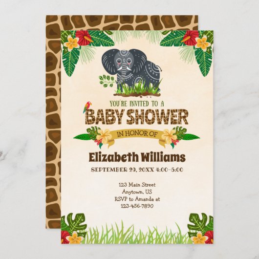 Invitation Baby shower d'éléphant de la Jungle (Devant / Derrière)