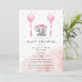 Invitation Baby shower d'éléphant de la poussière d'eau rose (Debout devant)