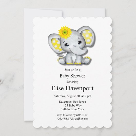 Invitation Baby shower d'éléphant de tournesol gris jaune (Devant)