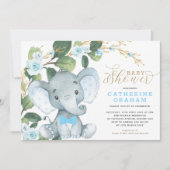 Invitation Baby shower d'éléphant d'or à la flore bleue (Devant)