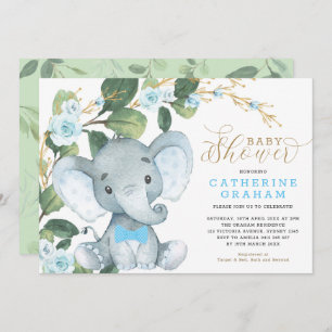 Invitation Baby shower d'éléphant d'or à la flore bleue