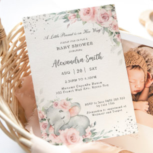 Invitation Baby shower d'éléphant doux rose floral adorable