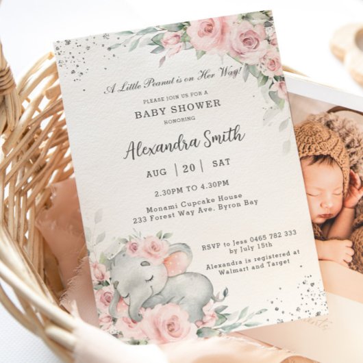 Invitation Baby shower d'éléphant doux rose floral adorable