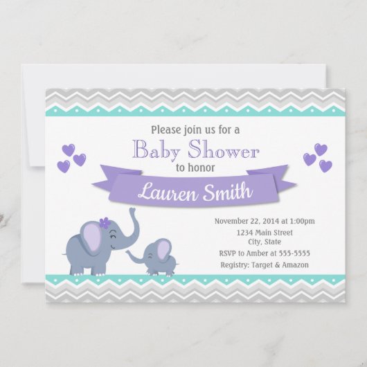 Invitation Baby shower d'éléphant Fille Purple Tur (Devant)