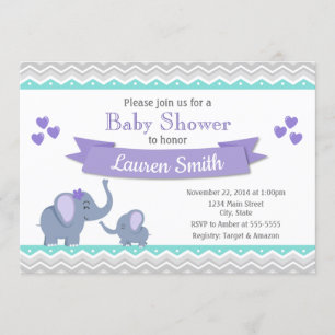 Invitation Baby shower d'éléphant Fille Purple Tur
