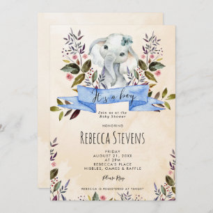 Invitation baby shower d'éléphant fleuri