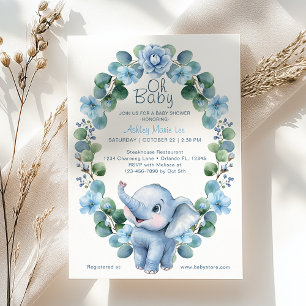 Invitation Baby shower d'éléphant floral à aquarelle bleu