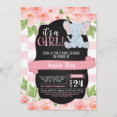 Invitation Baby shower d'éléphant floral - Fille (Devant / Derrière)