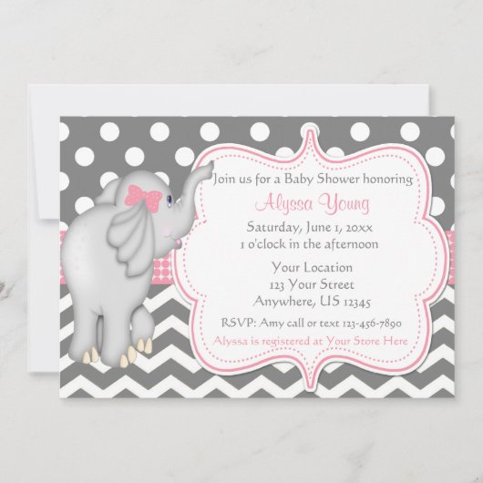 Invitation Baby shower d'éléphant gris rose (Devant)