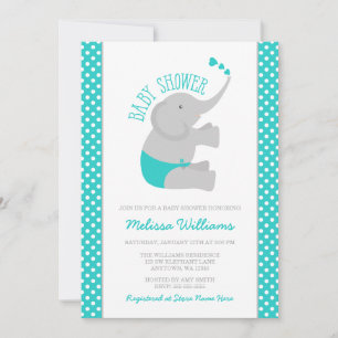 Invitation Baby shower d'éléphant gris turquoise doux