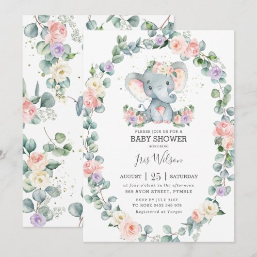 Invitation Baby shower d'éléphant Lilac floral (Devant / Derrière)