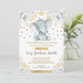 Invitation Baby shower d'éléphant neutre gris or floral (Debout devant)